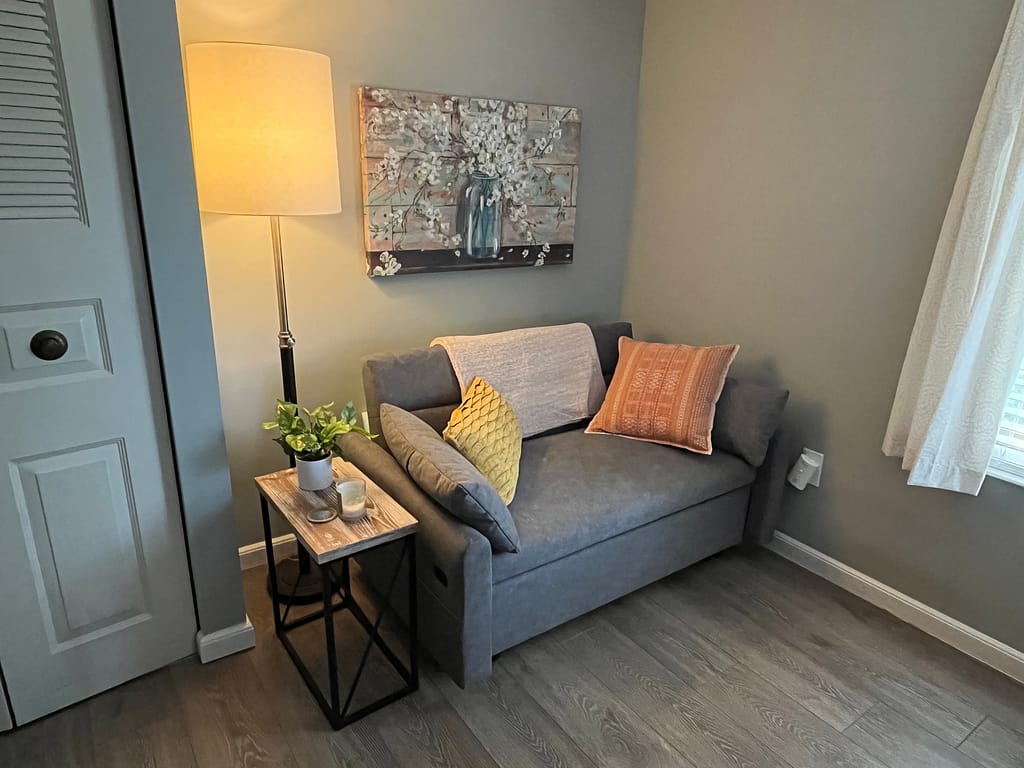 Painting, flooring, trim, assembled couch, and hung painting